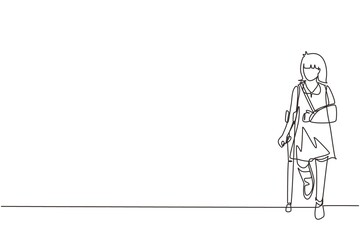 Single continuous line drawing sad injured girl with broken arm and leg in gypsum. Full length of upset injured little girl standing on crutches. One line draw graphic design vector illustration