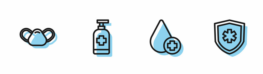 Set line Donate drop blood, Medical protective mask, Antibacterial soap and Life insurance icon. Vector