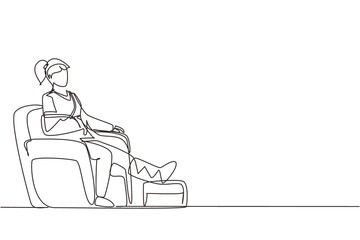 Single one line drawing injured patient woman with bounded leg, head and arm. Sit in armchair at hospital traumatology chamber after accident. Continuous line draw design graphic vector illustration