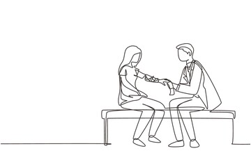 Continuous one line drawing doctor bandages patient woman hand. First aid emergency hands doing dressing bandage in Traumatology clinic. Healthcare concept. Single line draw design vector illustration