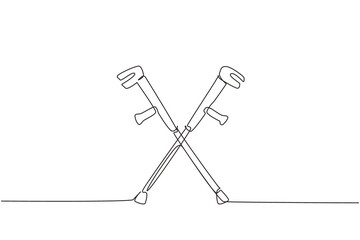 Single one line drawing crutches icon. Elbow crutch, telescopic metal crutch. Medical equipment for rehabilitation of people with diseases of musculoskeletal system. Continuous line draw design vector