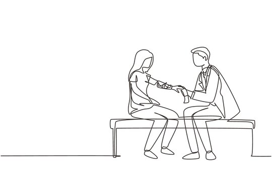 Continuous one line drawing doctor bandages patient woman hand. First aid emergency hands doing dressing bandage in Traumatology clinic. Healthcare concept. Single line draw design vector illustration