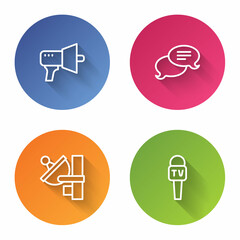 Set line Megaphone, Speech bubble chat, Radar and Microphone. Color circle button. Vector