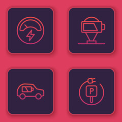 Set line Voltmeter, Electric car, Battery charge and Charging parking electric. Blue square button. Vector