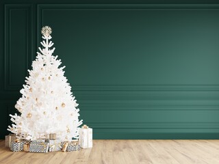 christmas tree in a room with green wall