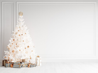 christmas tree in a room with white wall