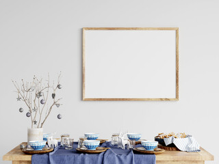 table setting for a christmas dinner with horizontal wooden frame on the wall, christmas mockup