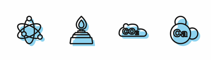 Set line CO2 emissions in cloud, Atom, Alcohol or spirit burner and Mineral Ca Calcium icon. Vector