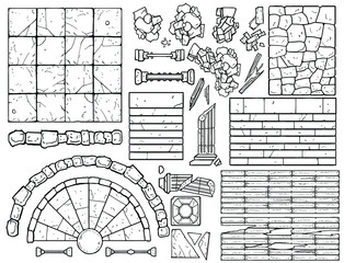 Designer for dungeon game maps with a top view, it has a lot of stone slabs of steps, columns, debris and stairs, painted in a minimalistic 2d style, many items are in broken condition - 463624291