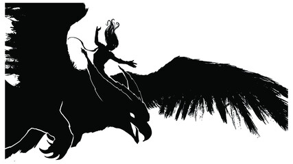 A black silhouette of a sorceress with long hair, she is flying astride a huge griffin with funny owl ears with tassels at the ends, a woman is preparing a spell in her hands 2d illustration