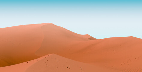 Flat dunes and blue sky. Desert dunes landscape with contrast skies. Minimal abstract background. 3d rendering