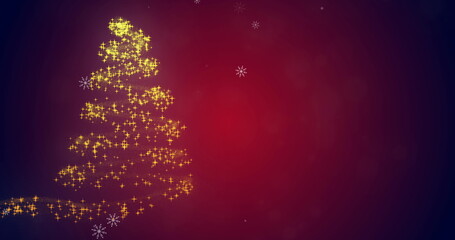 Fototapeta premium Snowflakes falling on glowing Christmas trees against red background