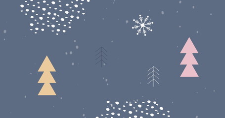 Fototapeta na wymiar Snow falling over abstract shapes and Christmas trees moving against grey background