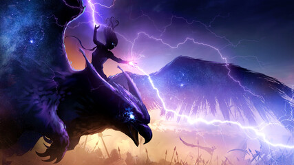 A beautiful sorceress riding on a huge owl griffin flies into the thick of battles launching purple lightning from the sky at enemies, their bodies sparkle with stars and magic. 2d illustration - obrazy, fototapety, plakaty