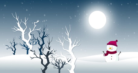 Obraz premium Snow falling against moon, snowman and trees in background