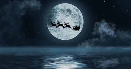 Fototapeta na wymiar Silhouette of Santa Claus in sleigh being pulled by reindeers against moon
