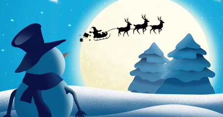 Silhouette of Santa Claus in sleigh being pulled by reindeers against moon, snow man and winter land