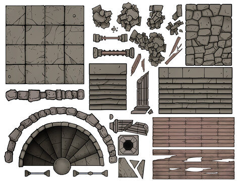 Designer For Dungeon Game Maps With A Top View, It Has A Lot Of Stone Slabs Of Steps, Columns, Debris And Stairs, Painted In A Minimalistic 2d Style, Many Items Are In Broken Condition