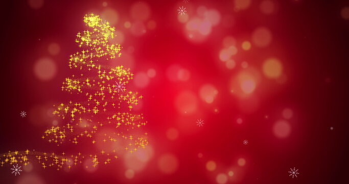 Snowflakes falling on glowing Christmas trees against glowing spots on red background