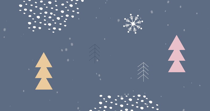 Snow falling over abstract shapes and Christmas trees moving against grey background