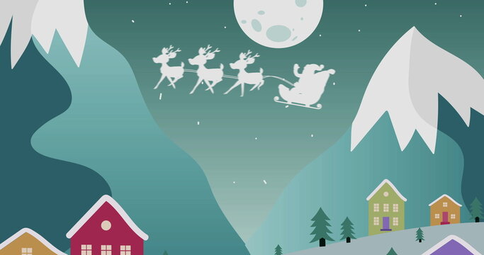 Silhouette of Santa Claus in sleigh being pulled by reindeers against moon and winter landscape