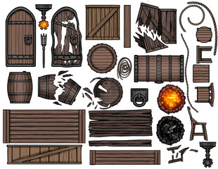 Designer for game cards with a top view, it has a lot of wooden and iron objects, barrels, doors, torches, chests, etc. painted in a minimalistic 2D style, many items are in a broken condition