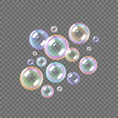 Vector realistic color transparent glass balls or soap bubbles with reflect.