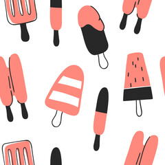 Hand drawn seamless pattern with ice cream. Vector artistic drawing food. Summer fashion illustration

