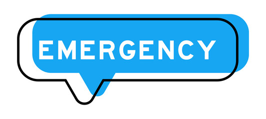Speech banner and blue shade with word emergency on white background