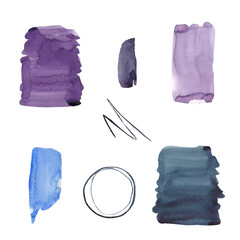 Abstract drawing of watercolor blue, grey, violet stain on white background. Watercolor texture. Background. Isolated