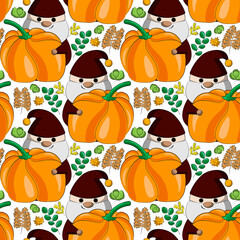 Seamless vector pattern with little autumns Gnomes with pumpkin and leaf