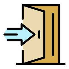 Open door with arrow icon. Outline open door with arrow vector icon color flat isolated