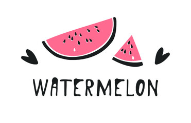 Hand drawn set of tropical fruit and text. Vector artistic drawing food. Summer illustration watermelon