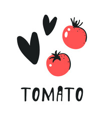 Hand drawn set of vegetable and letter. Vector artistic drawing food and alphabet. Summer illustration tomato