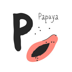Hand drawn set of fruit and letter. Vector artistic drawing food and alphabet. Summer illustration papaya