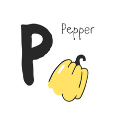 Hand drawn set of vegetable and letter. Vector artistic drawing food and alphabet. Summer illustration pepper