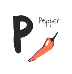 Hand drawn set of vegetable and letter. Vector artistic drawing food and alphabet. Summer illustration pepper