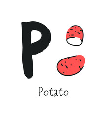 Hand drawn set of vegetable and letter. Vector artistic drawing food and alphabet. Summer illustration potato