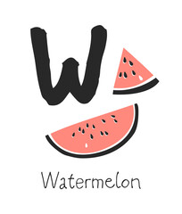Hand drawn set of fruit and letter. Vector artistic drawing food and alphabet. Summer illustration watermelon