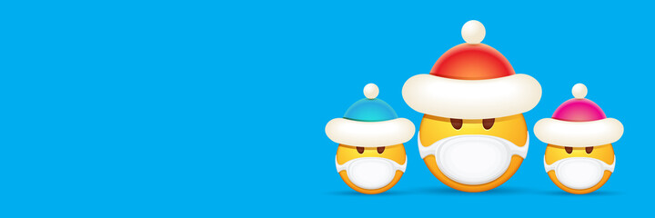 Vector Christmas horizontal banner with funky Emoji sticker with mouth medical protection mask and santa claus red hat isolated on blue background. Yellow santa doctor smile face character set