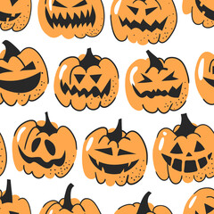 Hand drawn seamless pattern with Halloween pumpkins. Vector artistic drawing food.  Vegetable illustration