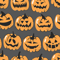Obraz premium Hand drawn seamless pattern with Halloween pumpkins. Vector artistic drawing food. Vegetable illustration