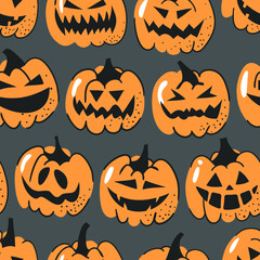Hand drawn seamless pattern with Halloween pumpkins. Vector artistic drawing food.  Vegetable illustration