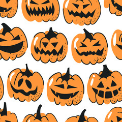 Hand drawn seamless pattern with Halloween pumpkins. Vector artistic drawing food.  Vegetable illustration