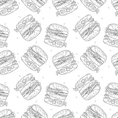 Burger hamburger patterns white and black hand-drawn contour drawing. Vector illustration