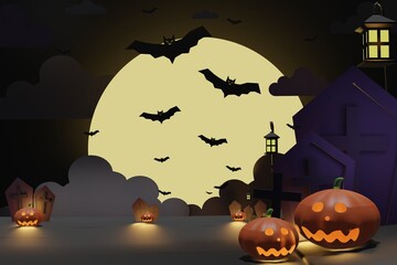 happy Halloween, sky full of bats, tombstone, pumpkin, on a big full moon night for background, image 3D rendering