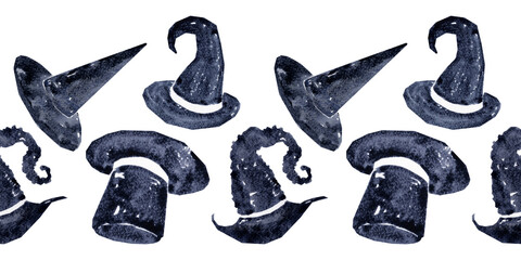 Watercolor seamless border with various Halloween theme elements
