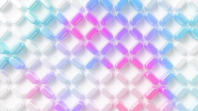 Glossy Cross Shapes Loop 1 Multicolor 3. Modern background pattern of simple rounded X shapes in electric blue, pink and purple, moving up and down. Hot vibrant backdrop. Neon colors.
