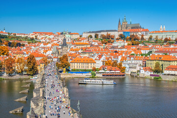 Fototapeta premium Prague Czech Republic, city skyline at Charles Bridge and Prage Castle, Czechia with autumn foliage season