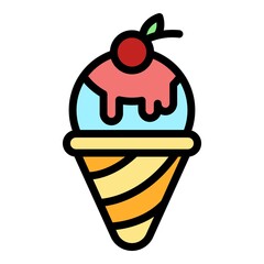 Ice cream cone with cherry icon. Outline ice cream cone with cherry vector icon color flat isolated